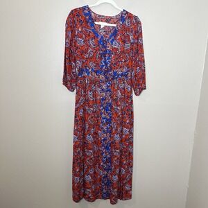 Japna Dress L Sundress Floral Paisley Print Red Boho Preppy Cute V Neck Coquette